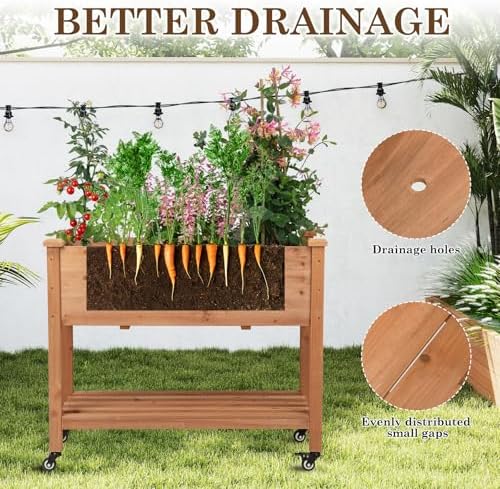 Raised Garden Bed with Lockable Wheels, 40x24x32 inch Elevated Wood Planter with Storage Shelf Protective Liner for Vegetable Flower Herb Outdoor Balcony Patio Backyard, Brown - Image 3