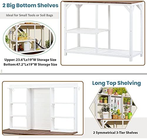 Outdoor Garden Potting Bench Table with 6-Tier Storage Shelves and Side Hook, 64.6" Large Wooden Patio Work Station, Potting Benches for Outside, Mudroom Backyard Work Bench Table (White) - Image 5