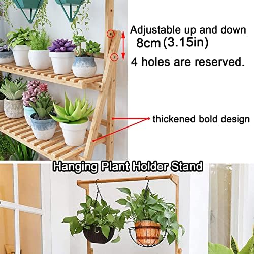 LIGUOYI 3-Tier Bamboo Ladder Plant Shelf, Outdoor Planter Display Shelving, Hanging Folding Flower Pot Organizer Rack, Clothes Rack Multi Storage Corner Shelf for Indoor Outdoor Homedecoration - Image 2