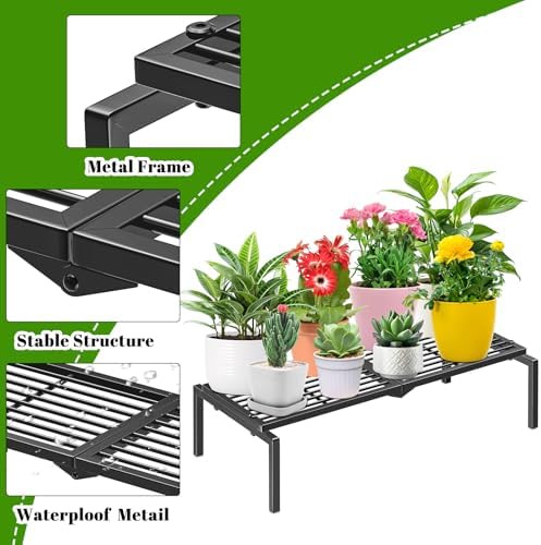 1 Tier Metal Plant Stand Indoor Outdoor, Potted Multiple Flower Pot Holder Rack Plant Shelf, Heavy Duty Planter Display Shelving for Patio Balcony Garden Living Room Decorative (Black) - Image 2