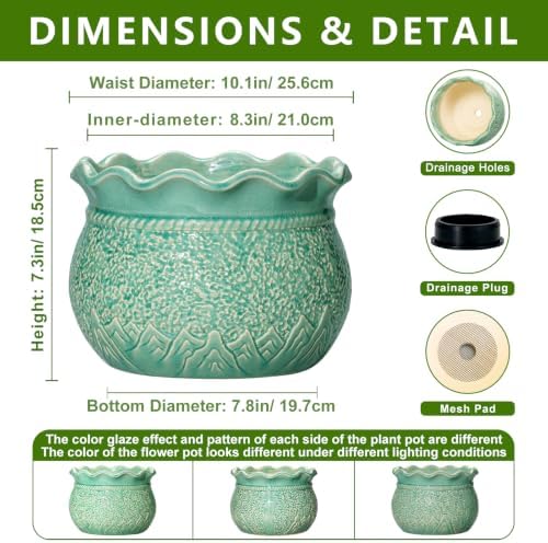 Ceramic Planter Pot, 10 Inch Plant Pot Indoor, Crack Lake Green - Image 2