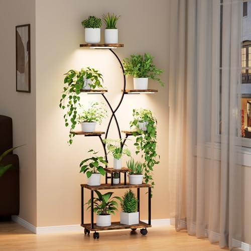Plant Stand Indoor with Grow Lights, 8 Tiered Metal Plant Shelf with Wheels, 58" Tall Corner Plant Stand Flower Display Rack Holder for Living Room, Patio by Azaeahom