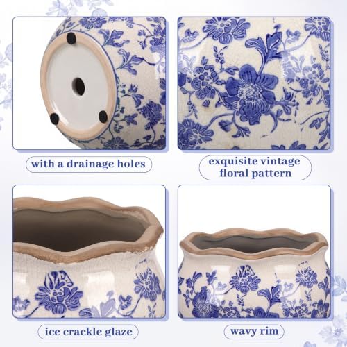 Geetery Ceramic Planter Pot Large 11 Inch Round Plant Pot with Drainage Hole Crackle Glaze Vintage Farmhouse Planter Flower Vase for Indoor Outdoor Home Kitchen Garden Decor (Chinoiserie, Blue, Large) - Image 3
