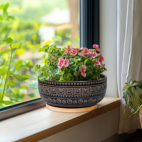 G EPGardening 8 Inch Ceramic Succulent Planter Pots for Indoor Plants Round Shallow Bonsai Planter Pot with Drainage and Bamboo Saucer, Black - Image 5