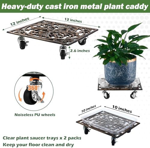 2 Packs 12" Square Metal Plant Caddy with Wheels Large Heavy-Duty Cast Iron Planter Dolly Pot Mover, Indoor Outdoor Vintage Rolling Plant Stands with Casters Wheeled Plant Roller Base, Rustproof Bronze - Image 3