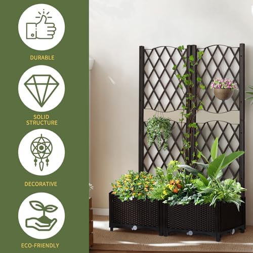 Raised Garden Bed with Trellis, Outdoor Free-Standing Trellis Planter Box with Drainage Holes, Privacy Planter for Patio, Above Ground Elevated Garden Bed for Outdoor Climbing Plants Vines (Brown) - Image 5