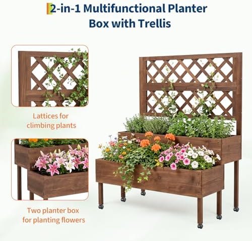 Wooden Raised Garden Bed with Trellis & Wheels, 2-Tier Elevated Planter Box - Image 3