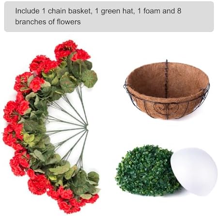 INSPRING Geraniums Artificial Flowers Hanging Basket for Outdoors Outside Decoration, 8 Bundles Silk Flowers Fake Plants Look Real UV Resistant for Porch Home Patio Balcony Yard, Red - Image 5