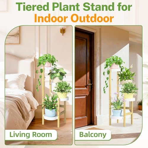iDavosic.ly 4 Tier Bamboo Plant Stand Indoor Outdoor, Plastic Tray, White - Image 6