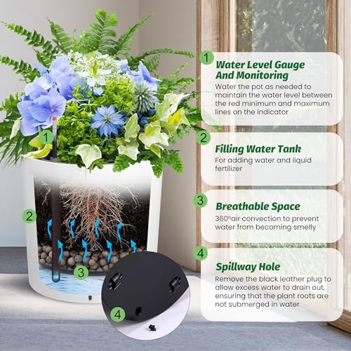 Takywep Set of 2 Large Round Planters – 19.5" Tall Self Watering Plant Pots with Drainage & Water Level Indicator, Indoor Outdoor Planters with Wheels-White - Image 6