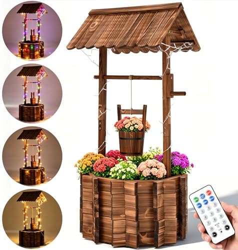 54" Outdoor Wooden Wishing Well Planter with Colorful LED Lights - Image 2