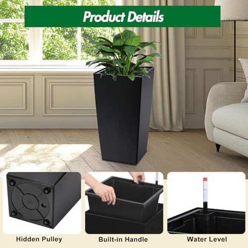 30" Tall Planter Set of 2, Heavy Duty High Planter Pots with Drainage Holes, Water Level Indicator & Removable Inner Bucket, Self Watering Planters for Indoor Outdoor Porch, Patio-Black - Image 7