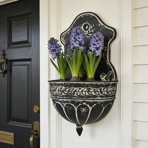 Vintage Distressed Black Metal Wall Planter, Rustic Hanging Pocket Planter with Scrollwork & Scalloped Design, Farmhouse Wall Decor for Indoor & Covered Outdoor Garden, Porch & Entryway - Image 4