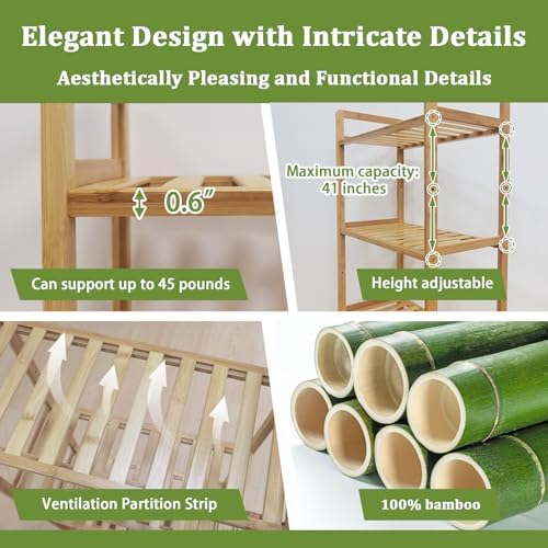 Bamboo Bathroom Shelf Organizer, 5 Tier Wooden Bathroom Rack with Adjustable Shelves, Free Standing Shelving Unit Open Bookcase Plant Shelf Indoor, 50" Storage Shelves for Kitchen Living Room - Image 5