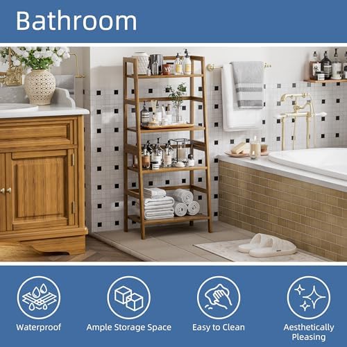 HITNET Ladder Shelf, 4-Tier Bamboo Bookshelf, Freestanding Open Display Storage Rack, Space Saving Flower Plant Display Stand for Bathroom Living Room, Walnut - Image 5