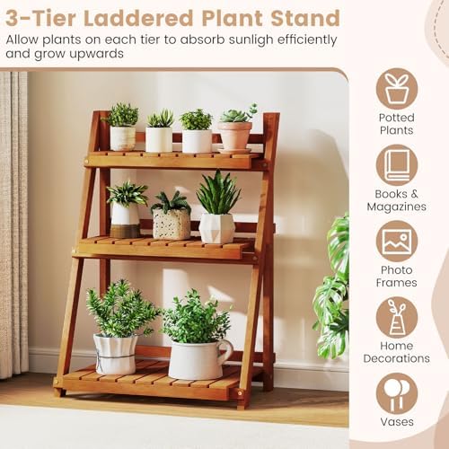 GIANTEX Foldable Ladder Plant Shelf, 3-Tier Solid Wood Indoor Outdoor Flower Pot Display Rack, Corner Storage Bookshelf, Freestanding Tiered Plant Stand for Garden Patio Balcony, No Assembly - Image 7