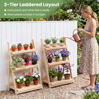GIANTEX Foldable Wooden Plant Stand, 3-Tier Ladder Plant Shelf, Natural - Image 3