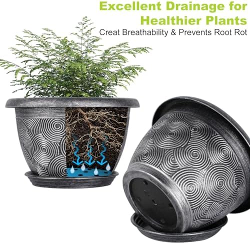 12-Inch -Plastic-Pots -For-Plant With Saucer, 4 Pack Outdoor Planters With Drainage Holes, Decorative Flower Pots For Indoor Plants, Modern 3D Swirl Silver Large Plant Pots With With Removable Tray - Image 5