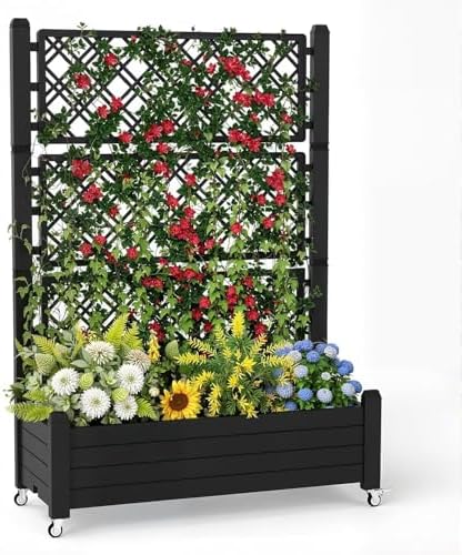 Vixzen 64" Tall Raised Garden Bed,Outdoor Large Resin Planter Box with Trellis and Drain Plug for Climbing Plants,Easy to Assemble,Water Monitor,Mobility(Black, 43.43"×18.27"×64.29") by Vixzen