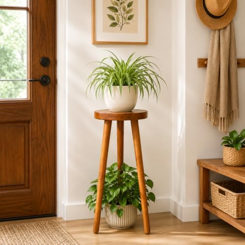 Teak Wood Plant Stand, 30" Round Side Table, Wood Accent Table - Image 7