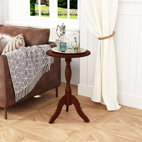 HLR Round Small End Table Set of 2, Wooden Pedestal Side Tables, Dark Brown - Image 4