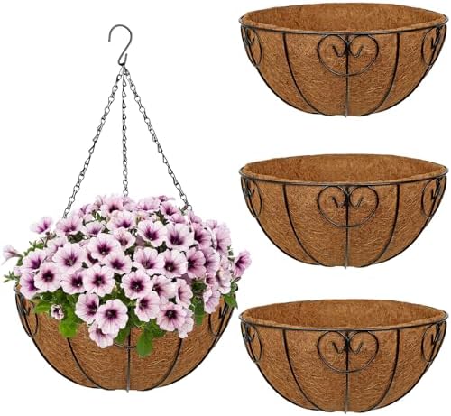 14 inch Metal Hanging Baskets for Plants Outdoor, 4 Pack Metal Wire Hanging Basket Planter with Coco Liner Flower Pots for Indoor Outdoor Garden Porch Patio, Heart-Shaped by NatureCrafted