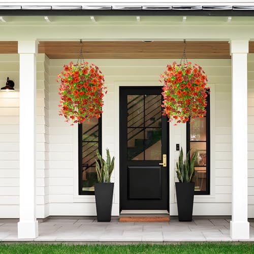 Homsunny Artificial Fake Hanging Plants Flowers Baskets for Outdoor Outside Spring Decor,Faux Silk Daisy UV Resistant Look Real Summer Decorations for Home Porch Patio Yard Garden(Red Brown) - Image 7