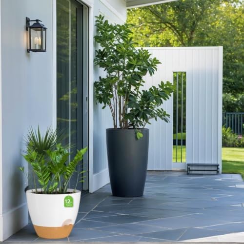 ZMTECH 3Pcs 12Inch Plant Pot Planter for Indoor Plants Self Watering Flower Pot with Drainage Holes and Saucer for Outdoor Plants(White with Brown) - Image 4