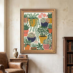Framed Canvas Wall Art Bohemian Gouache Succulents in Pots Mustard Navy and Coral Canvas Print Poster Gold Frame Wall Decor for Living Room Office Botanical Art, Boho Decor - Inch 16x20 - Image 4