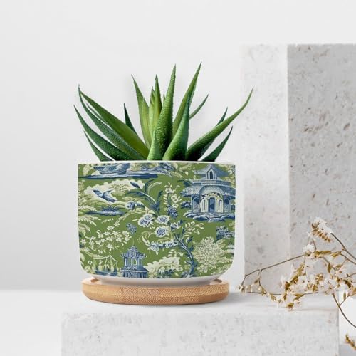 Garden Green Chinoiserie Planter Ceramic Asian Peacock Floral Round Flower Pot with Drainage Holes and Bamboo Tray Pot for Succulents Cactus Garden Windowsill - Image 7