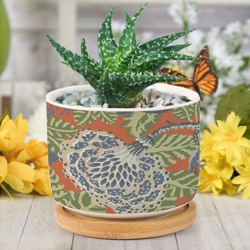Navy Blue Floral White Ceramic Planters Green and Orange Chinoiserie Flower Pots for Indoor Plants with Drainage Holes and Saucers Pot for Outdoor Garden Home Plant - Image 6