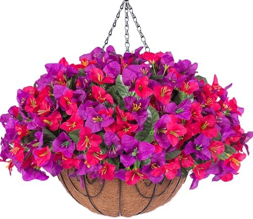Artificial Hanging Flowers Plant with Basket for Outdoors, Fake Hanging Plants Silk Bougainvillea in Planter Look Real UV Resistant Faux Flower for Outside Porch Patio Garden Home Decor, PurpleHotpink by HyeFloraartificialflowers