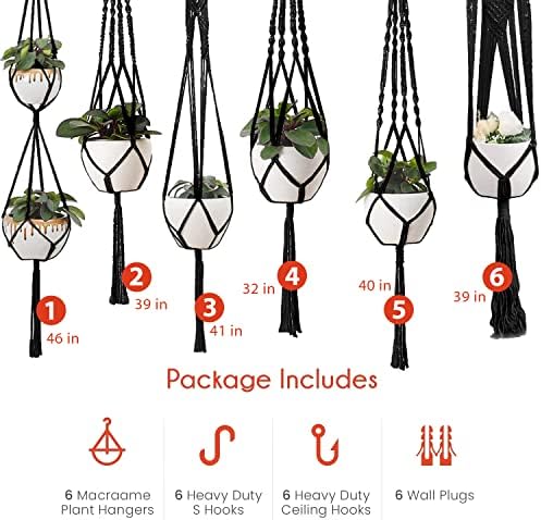 Feedee Macrame Plant Hangers - 6 Pack, Black, Indoor/Outdoor, Cotton - Image 3