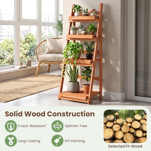 GIANTEX Foldable Wooden Plant Stand, 4-Tier Ladder Plant Shelf, Orange - Image 2
