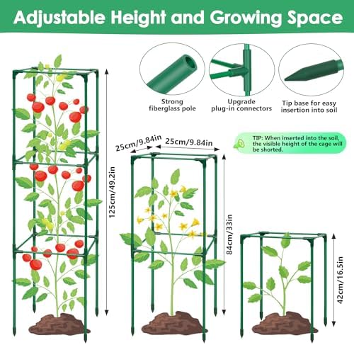 3 Pack Tomato Cages for Garden, Square Tomato Trellis with Grow Bags, 49 IN Tall Heavy Duty Tomato Plant Stakes Support Cages Trellis for Raised Beds Pots Garden Climbing Vegetables Flowers Fruits - Image 3