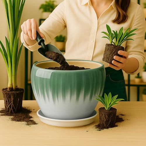 Deep Dream 10 Inch Plant Pot- Ceramic Planter Pot Round Plant Pots for Indoor Plants Outdoor Large Flower Pot with Drainage Holes & Trays, White&Green - Image 6