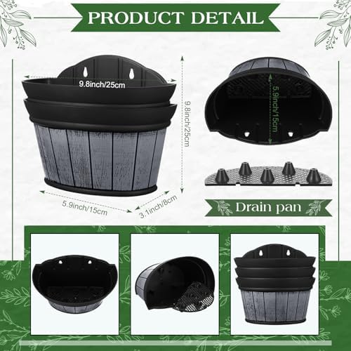 12 Pcs Wall Hanging Planters Outdoor Wine Barrel Planter Distressed Oak Thickened Plastic Water Storage Flower Pots for Plants Flower Indoor Outdoor Railing Fence (Black,10 Inch) - Image 2