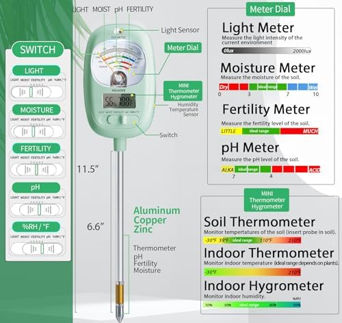 HSLGOVE Soil Test Kit, 7-in-One Soil Moisture Meter/Soil PH Meter/Fertility, Dual Screen Soil Tester w/Digital Soil Temp/Air Temp&Humidity for Plants Gardening,Lawn,Farm Indoor&Outdoor-AppleGreen - Image 2