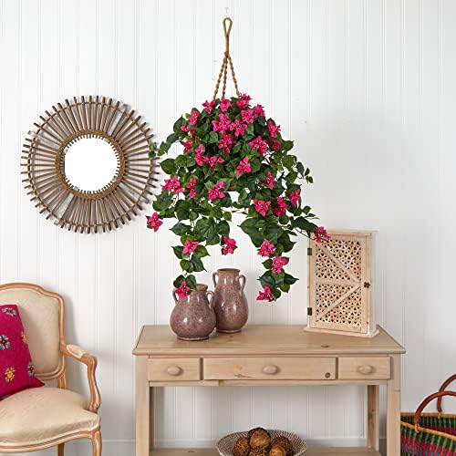 Nearly Natural Bougainvillea Silk Hanging Basket, Green/Pink - Image 2