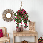 Nearly Natural Bougainvillea Silk Hanging Basket, Green/Pink - Image 2