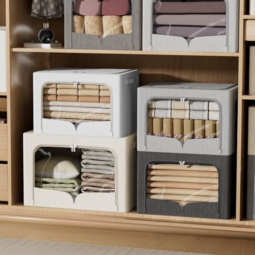 FHSQX 3 Pack Clothes Storage Bins - Foldable Metal Frame Storage Box - Stackable Linen Fabric Container Organizer Set with Carrying Handles and Clear Window (Light Gray, 19.7x15.7x13inch(66L)) - Image 5