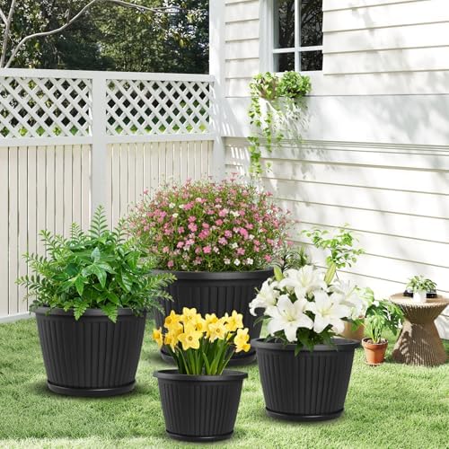 Fodetyff 12-inch-Plastic-Plant-Pots-with-Saucer, Flower Pots Containers for Indoor Outdoor Plants, Large Resin Planter with Drainage Holes and Saucers for Snake Plant Monstera - Image 3