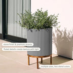 Veradek Demi Series Round Planter w/ Stand for Porch/Patio | Durable Plastic-Concrete & Wooden Stand | Modern Décor for Tall Plants, Flowers - Image 4