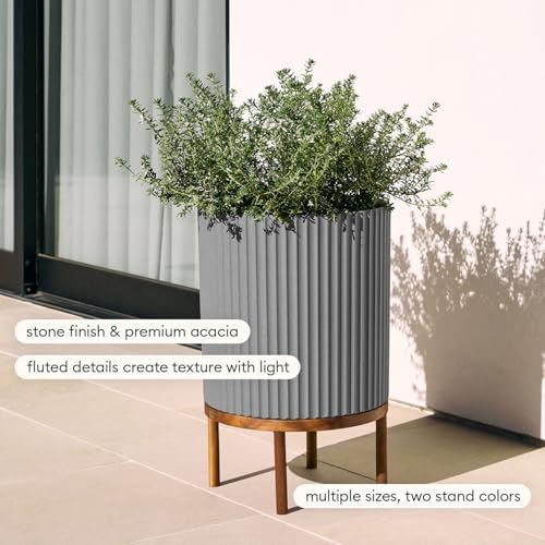 Veradek Demi Series Round Planter w/ Stand for Porch/Patio | Durable Plastic-Concrete & Wooden Stand | Modern Décor for Tall Plants, Flowers - Image 4