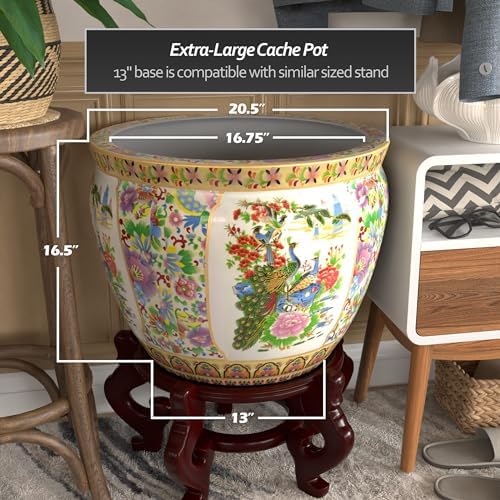Red Lantern Large 20" Satsuma Birds & Flowers Porcelain Fishbowl Planter - Image 4
