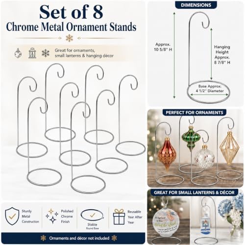 Ornament Stands Set of 8 Silver Christmas Ornament Holders – Chrome Metal Display Stands for Hanging Ornaments, Air Plants, Glass Globes & Terrarium Décor – 11 Inch Elegant Holiday Display - Image 3