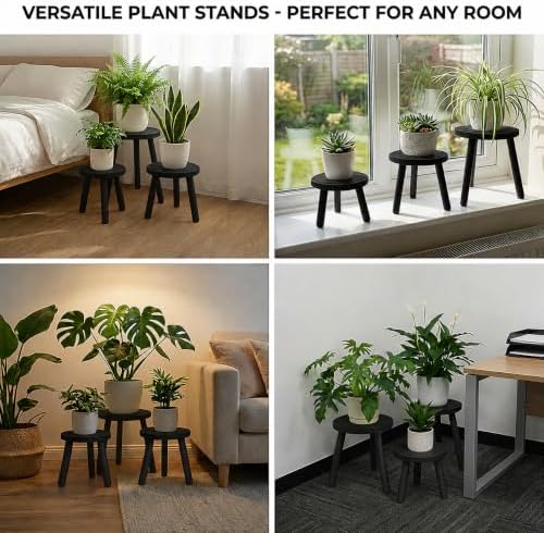 Amdermi 3-Pack4-pack Wood Plant Stands Indoor, Single Plant Stand for 6-12 Inch Pots, Mid-Century Modern Plant Stool, Tall Plant Stand for Large Plants for Living Room, Balcony, Office (3, black) - Image 5