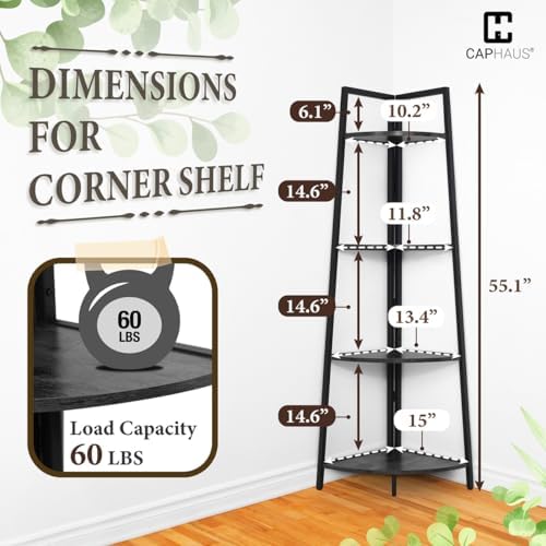 CAPHAUS 4-Tier Corner Shelf Stand, Tall Display Shelves, Ladder Corner Wood Storage Plant Bookshelf with Metal Frame, Versatile Shelving Unit Bookcase for Home Office Space, Black - Image 2