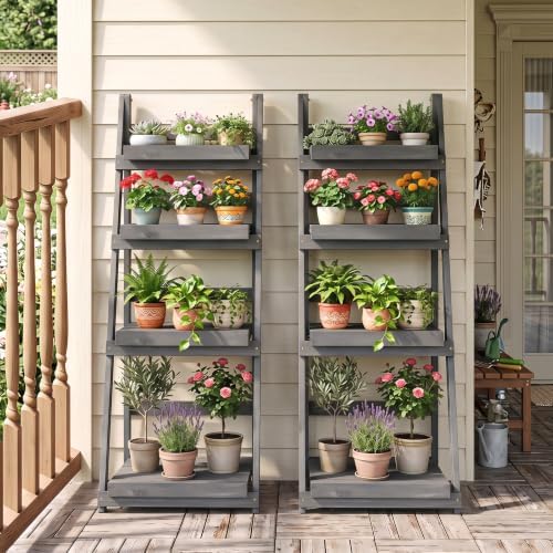 GIANTEX Foldable Wooden Plant Stand, 4-Tier Ladder Plant Shelf, Grey - Image 7