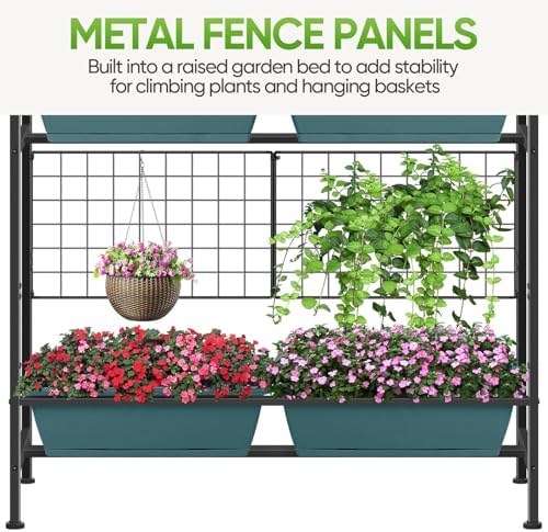 CADUKE Raised Planter Box with Legs, 32" Elevated Vegetable Garden Beds, Raised Garden Bed with Drainage Holes & Trellis, Herb Garden Planter Outdoor for Vegetables, Balcony, Patio, Green - Image 4